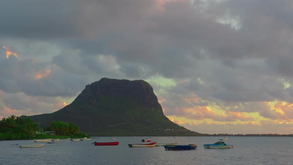 Timelapse of Mountainous Landscape of Mauritius with Indian Ocean and Sunset Clouds alt