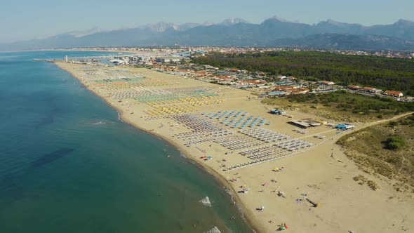 Aerial, Large Sand Beach In The Morning In Viareggio, Italy