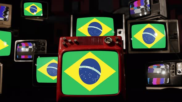 The National Flag of Brazil on Retro TVs. 4K Resolution.