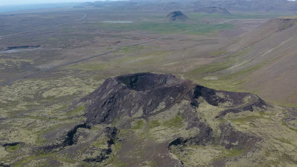 Panoramic View Of Reykjanes Peninsula With Stóra-Eldborg Near Geitafell In Iceland. Aerial Shot alt