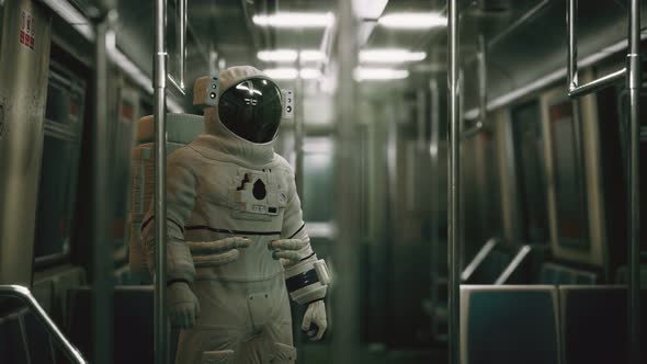 Astronaut Inside of the Old Non-modernized Subway Car in USA alt
