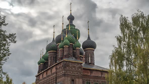 View of the Church of St. John the Baptist in Yaroslavl in front of a cloudy sky.