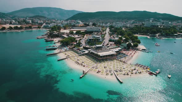 Aerial View Exotic Beach with Turquoise Water in Albania Ksamil Islands alt