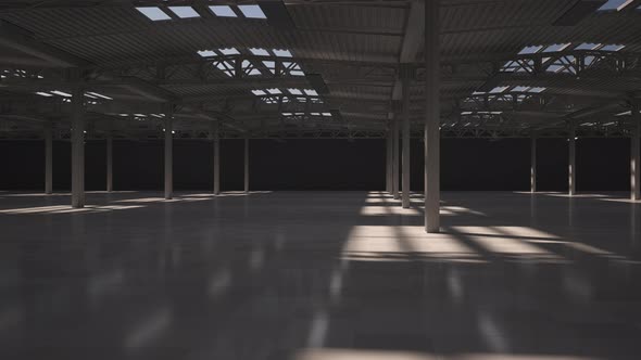 Empty warehouse hall, the light turns on.