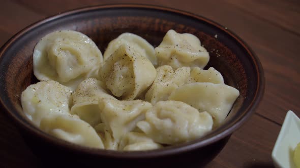 Closeup of Hot Dumplings on a Plate, Just Cooked.