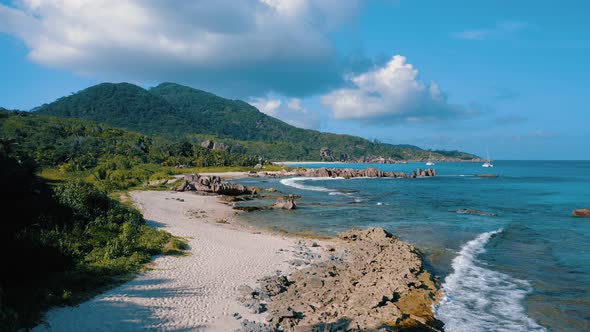 Aerial View of Tropical Paradise Beach on La Digue Island Seychelles alt