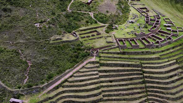 Aerial View Of Pisac Old Town, Incan Ruins And Andenes (Terraces) In Cusco, Peru. alt