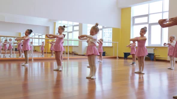 Group of little girls practicing in ballet school