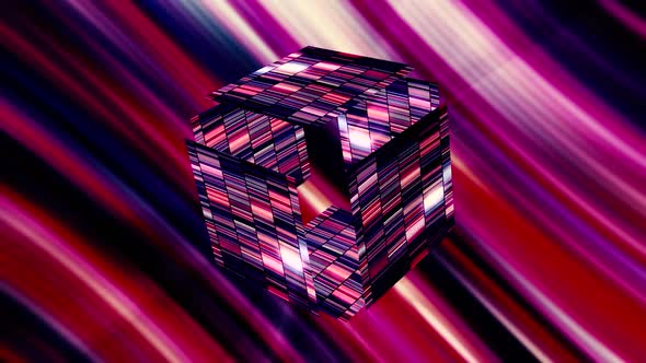 Glowing cube of shimmering tiles on colorful rays background alt