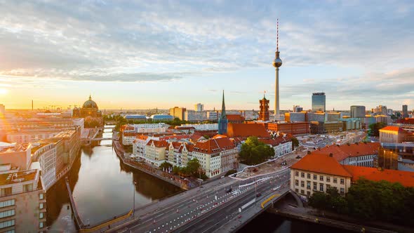Day to Night Time Lapse of Berlin cityscape with spree river, Berlin, Germany