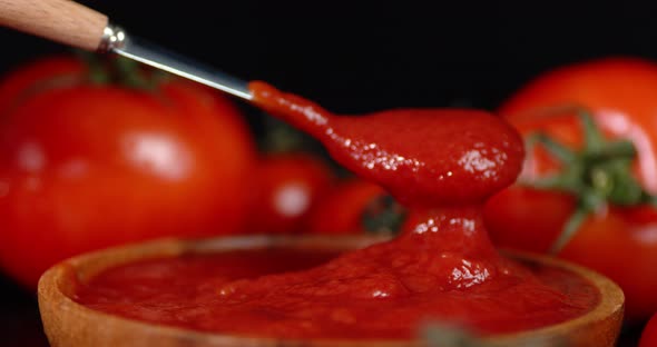 Homemade Tomato Sauce in a Bowl Mix with a Spoon.  alt