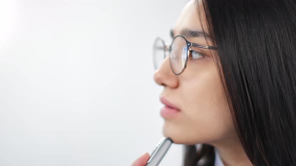 Extreme Closeup Ponder Student Girl with Perfect Skin and Natural Beauty alt