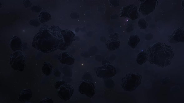 Dark asteroid belt. Dense meteoroid swarm is slowly moving towards the camera alt
