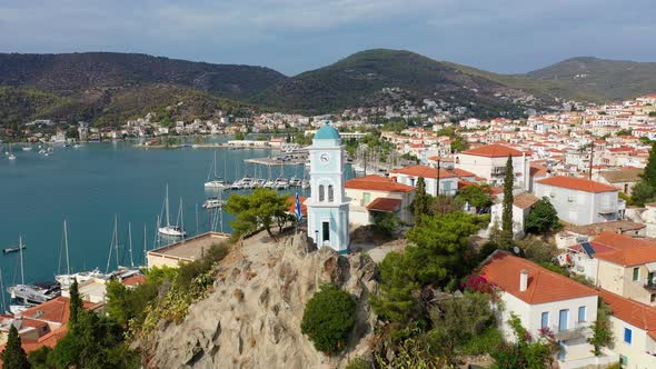 Aerial View of Poros Old Town and Marina or Seaport Greece  Drone Videography alt