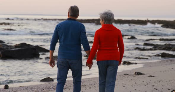 Senior couple walking hand in hand in the beach 4k alt