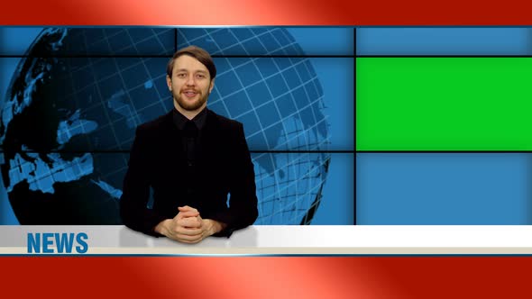 Male News Presenter Reports In Broadcasting Studio With Green Screen