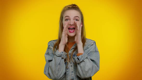 Girl Scream with Hand Near Mouth Waving and Greeting with Hand As Notices Someone Shouting Hello alt
