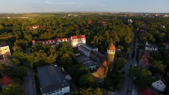 Top view of the Water Tower of Svetlogorsk in sunset alt