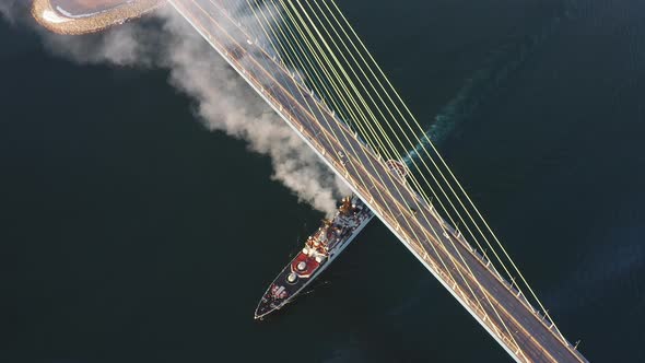 Russian Large Antisubmarine Ship Passes Under the Span of the Russian Bridge alt