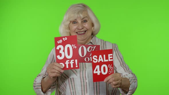 Senior Woman Showing Sale Percent Discounts Advertisement Inscriptions Banners, Black Friday alt
