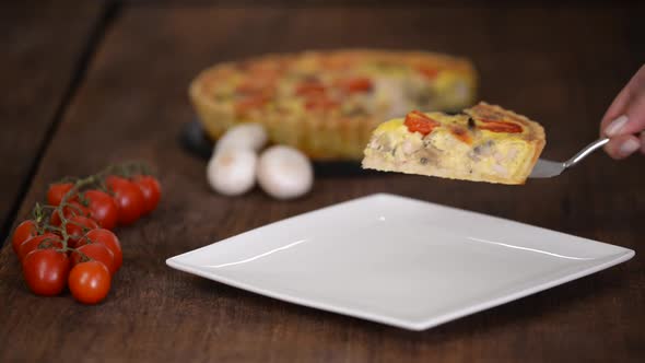 Chicken Quiche Lorraine with Mushrooms, Tomatoes and Cheese. alt