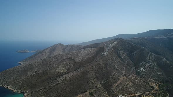 Mylopotas on the island of Ios in the Cyclades in Greece seen from the sky alt