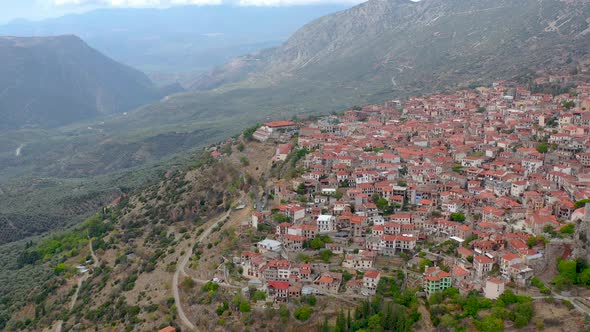 Aerial view of Arachova village in the mountains of Greece, Europe.