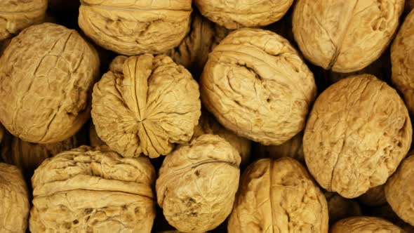 Background of big walnuts in shell, dolly shot alt