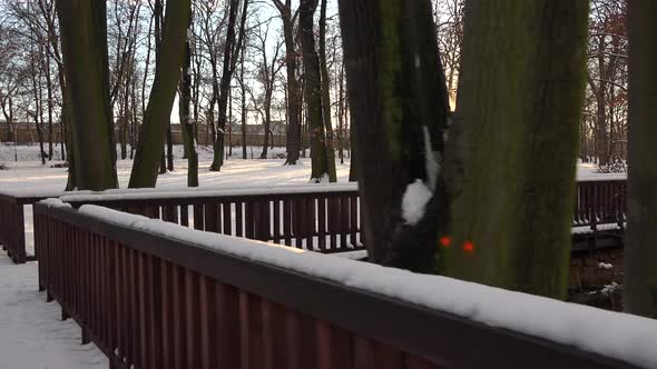 A Path Over a Wooden Bridge in a Snow Covered Park on a Sunny Day alt