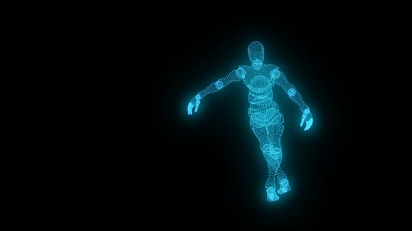Dancing Blue Glowing Character on a Black Isolated Background alt