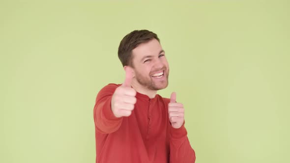 Handsome Man with a Beard in an Orange Sweater on a Yellowgreen Background alt
