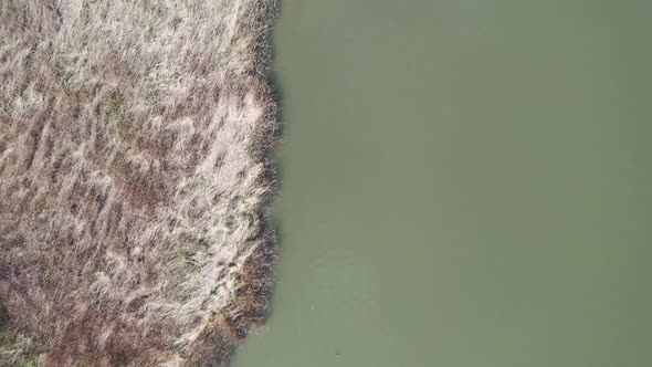 Aerial Split View Of The Lake And Dry Grass