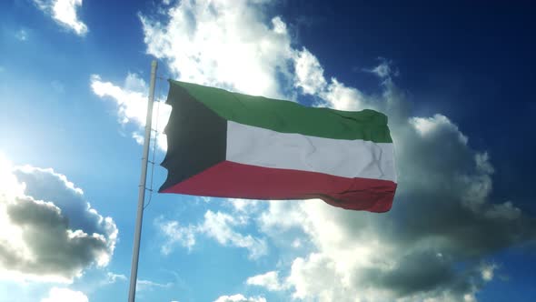 Flag of Kuwait Waving at Wind Against Beautiful Blue Sky alt