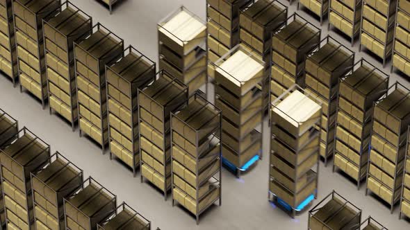 Warehouse industry autonomic robots carrying metal shelves with cardboard boxes. alt