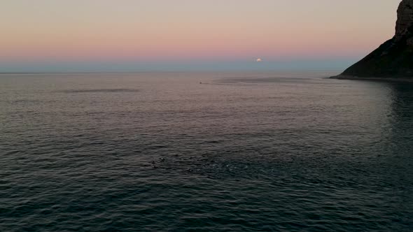 Aerial view of Blood Moon lunar eclipse and dolphins swimming Hout Bay. alt