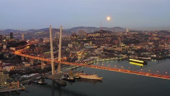 A Wonderful View From a Drone of the Golden Bridge and the City at Night alt