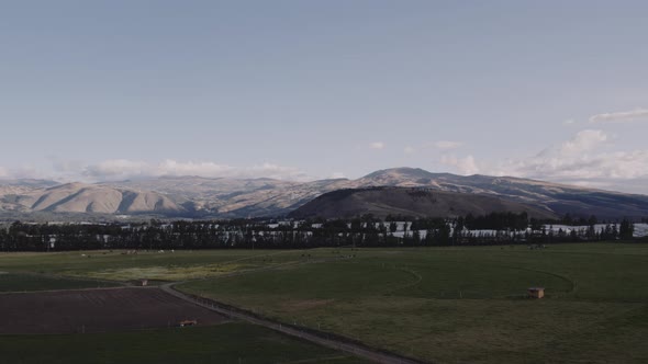 Ecuadorian andes in the back, green fields and cows. sunset at the Ecuadorian Andes alt