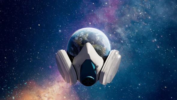 A huge respiratory mask covering planet Earth. Global health issues. Protection alt