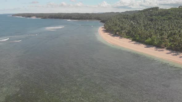 aerial drone view of paradise island of siargao in the philippines. clear turquoise water, palm tree alt