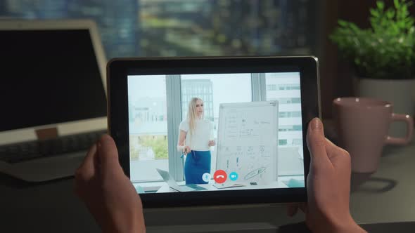 Tablet Screen with Business Woman Speaking at Conference Using Whiteboard alt