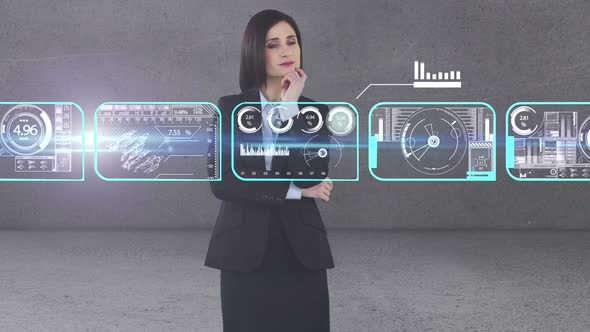 Businesswoman using digital interface screen with icons alt