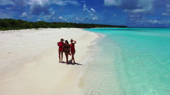 Ladies posing on tranquil coastline beach adventure by blue lagoon with white sandy background of th alt