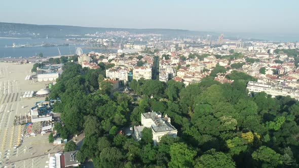 Beautiful cityscape over Varna city, Bulgaria, Beach, old city and sea garden. alt