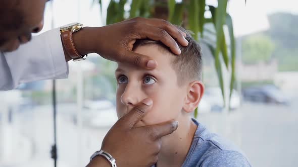 African Ophthalmologist Examining Eye of Little Boy alt