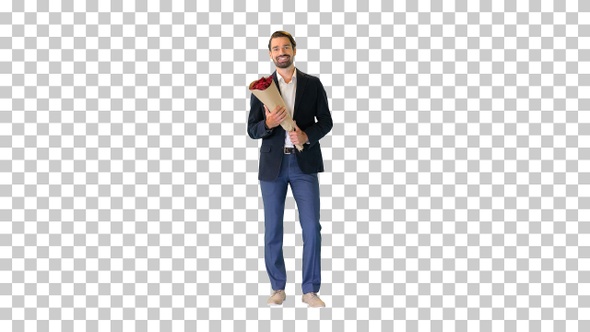 Smiling handsome businessman holding roses, Alpha Channel alt
