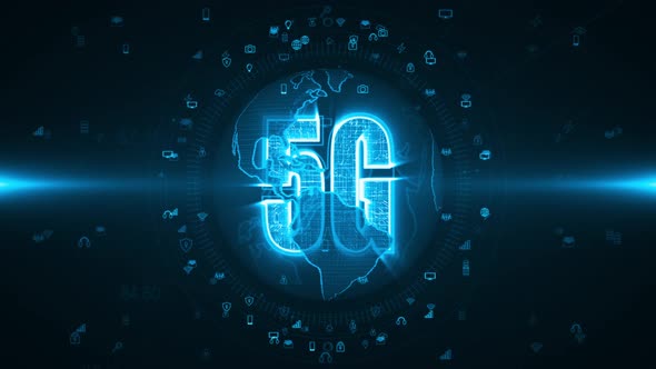 Blue 5G word and earth sphere with icon technology futuristic elements abstract background