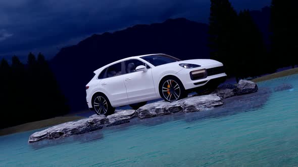 White Luxury Off-Road Vehicle Standing on Rocks