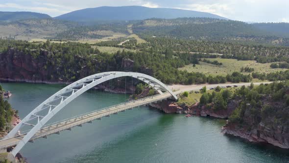 Aerial Drone Flight Over Flaming Gorge Bridge in Flaming Gorge National Recreation Area alt