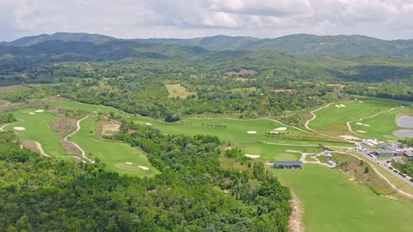 Panoramic aerial view over Vistas Golf and Country Club; exotic golf course alt