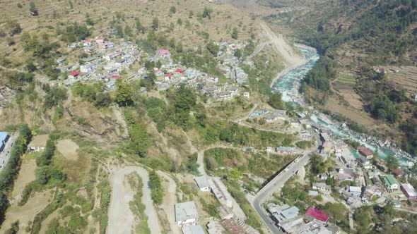 Harsil Village Aerial View in 4K, located on the banks of the Bhagirathi River